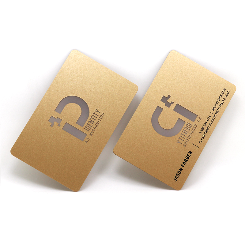 transparent business card printed with matte gold frosted finish