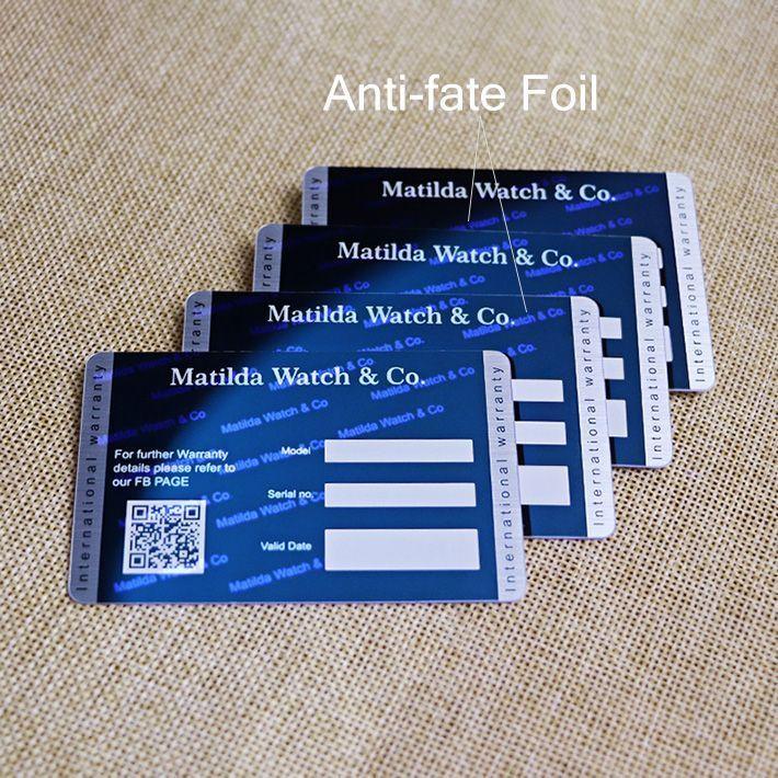 pvc warranty cards with anti-fate foil logo